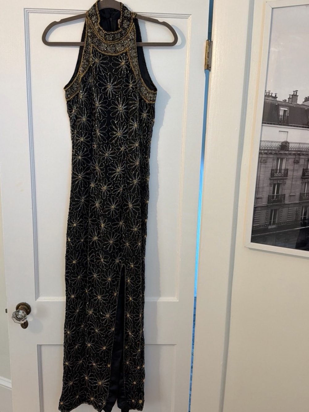 100% silk Black & Gold Beaded Halter Maxi Dress - Evening Gown